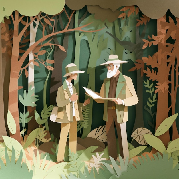 A paper cut out of a forest with a man and a woman reading a map.