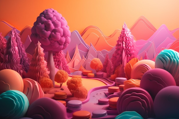 A paper cut out of a forest with pink trees and mountains in the background.