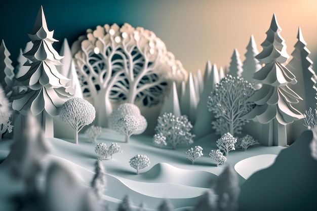 A paper cut out of a forest with trees on the left and a snow covered hill in the background.