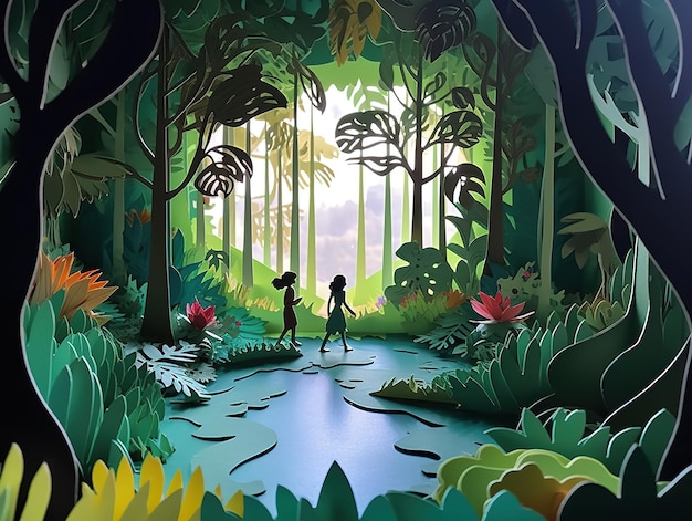 A paper cut out of a forest with two girls walking through it.