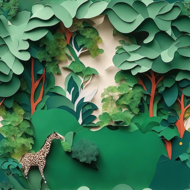 A paper cut out of a giraffe is in the middle of a forest