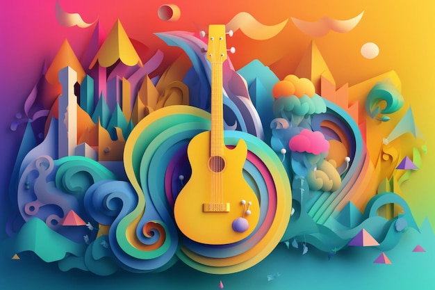 A paper cut out of a guitar with a colorful background