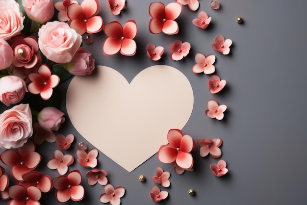 Paper cut out hearts and flowers on a dusty red background with a copy space for Valentine's Day