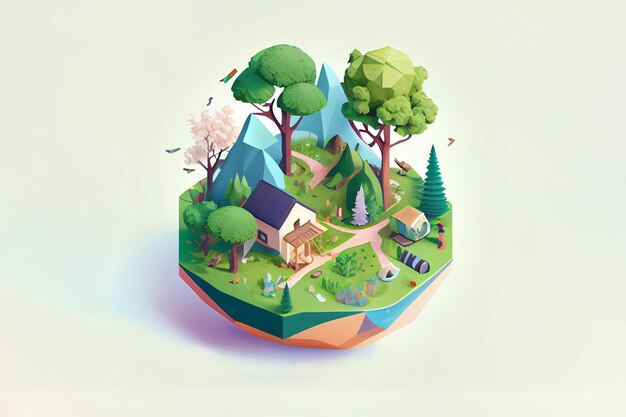 A paper cut out of a house surrounded by trees and a forest World environment and earth day concept