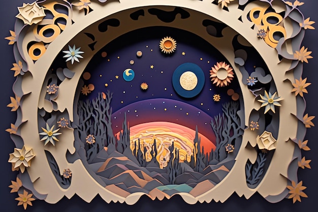 A paper cut out of a landscape with the sun and moon in the background.