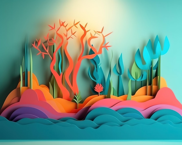 A paper cut out of a landscape with trees and plants.