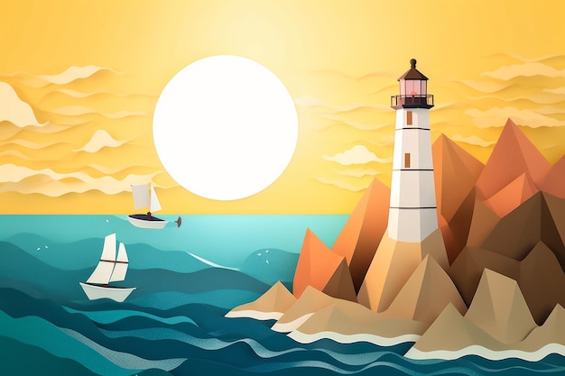 A paper cut out of a lighthouse and a sailboat on the water.