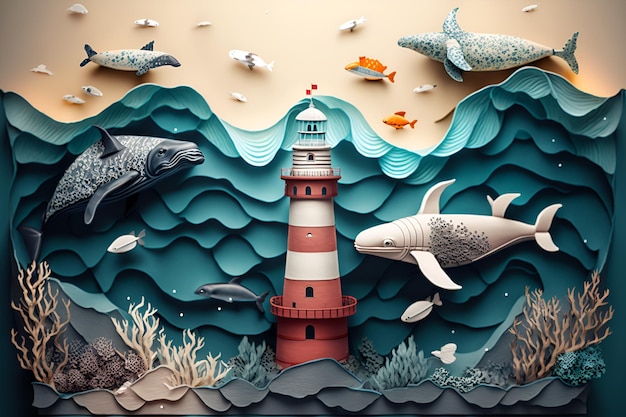 A paper cut out of a lighthouse and a whale.