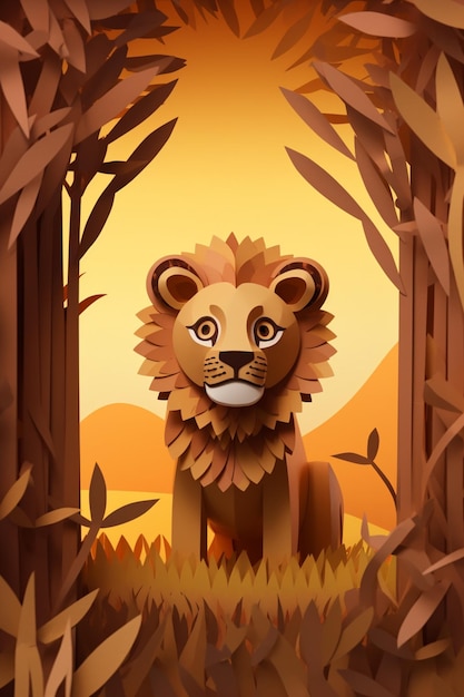 A paper cut out of a lion in a forest.