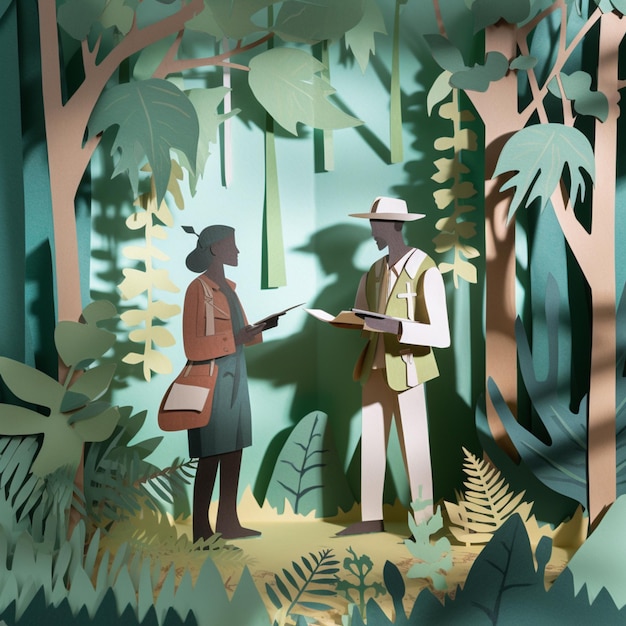 Photo a paper cut out of a man and woman in a jungle.