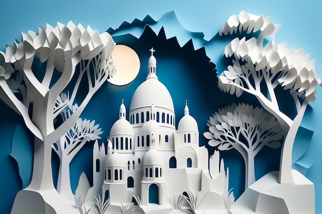 A paper cut out of montmartre with a church in the background.