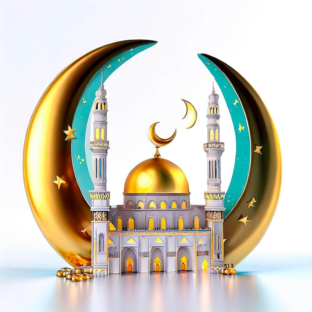 A paper cut out of a mosque with a gold star and a crescent moon.