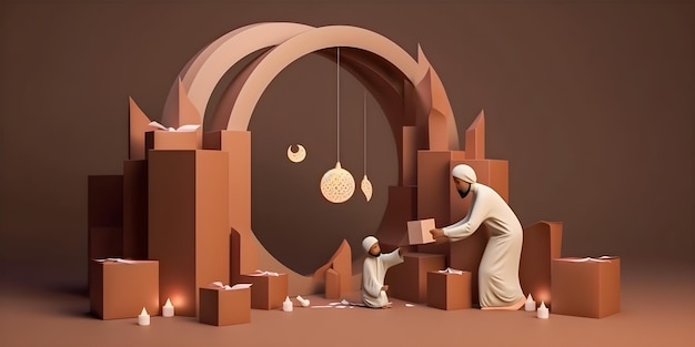 A paper cut out of a mosque with a man and a woman putting boxes in it.