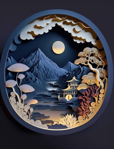 A paper cut out of a mountain landscape with a moon and stars.