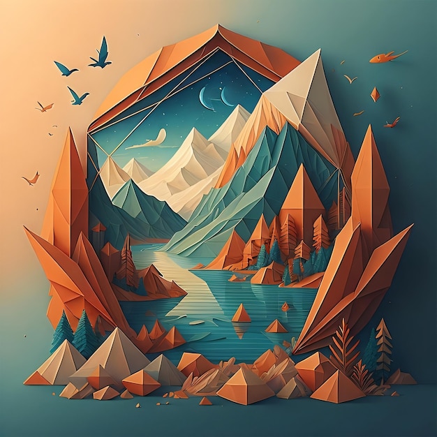 A paper cut out of a mountain landscape with a mountain in the background.