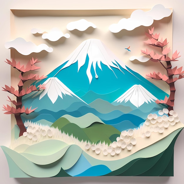 Paper cut out of a mountain with a mountain in the background.