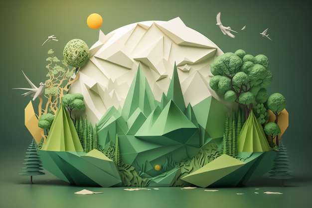 A paper cut out of a mountain with trees on it