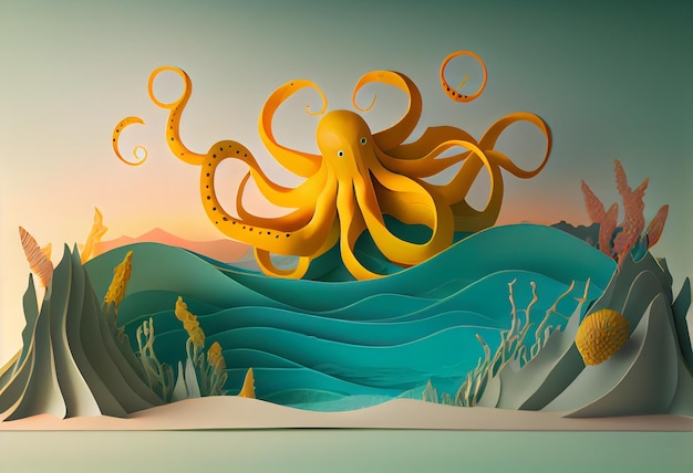 Photo a paper cut out of an octopus is surrounded by ocean waves.