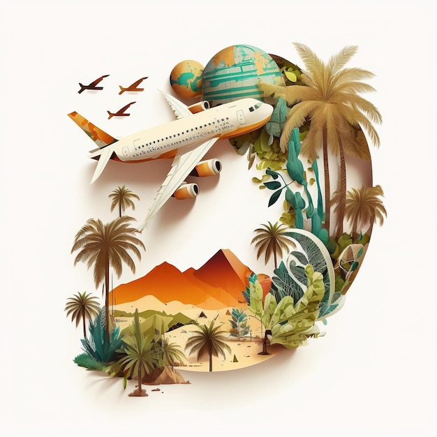 A paper cut out of a plane with a palm tree and mountains in the background.