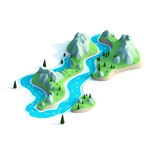 A paper cut out of a river with mountains in the middle.