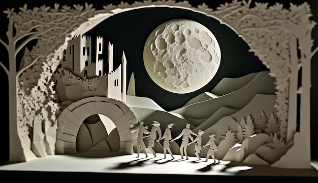 A paper cut out of a scene with a moon in the background.