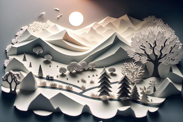 A paper cut out of a snowy landscape with trees and mountains in the background.