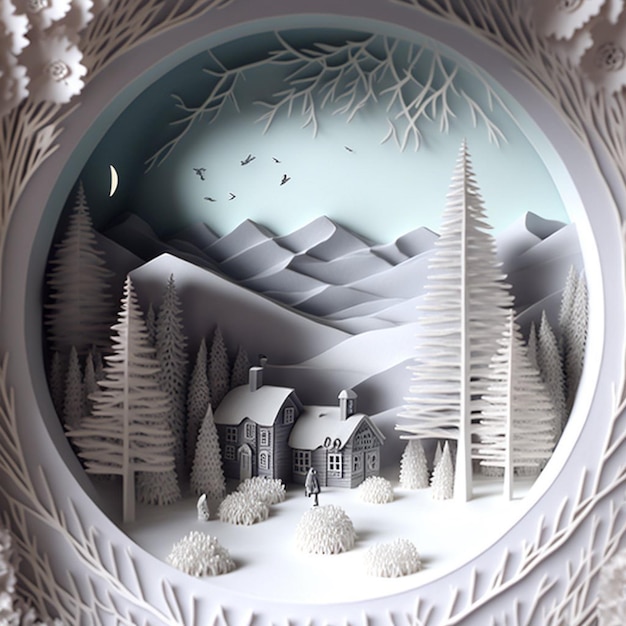 A paper cut out of a snowy village with a snowy mountain in the background.