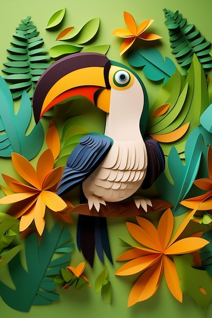 A paper cut out of a toucan sits on a branch with leaves and flowers.