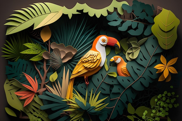 A paper cut out of a toucan with a red beak.