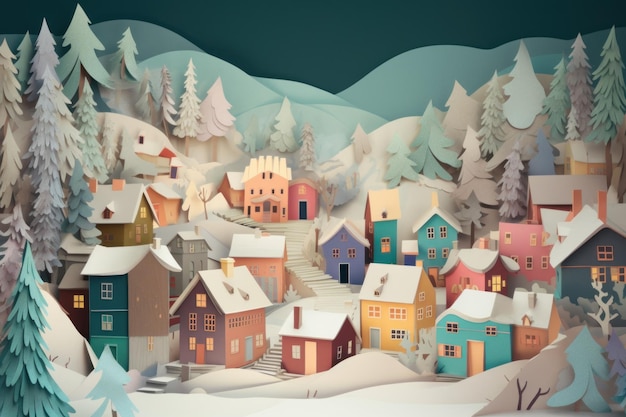 A paper cut out of a town with a snowy landscape and snow on the roof.