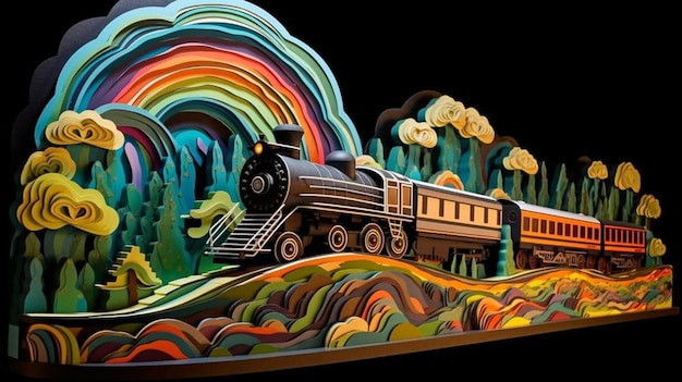 Photo a paper cut out of a train with a rainbow in the background.