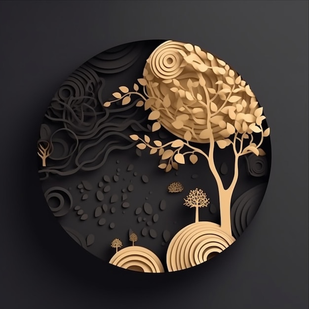 A paper cut out of a tree with gold leaves and a circle with trees in the middle.