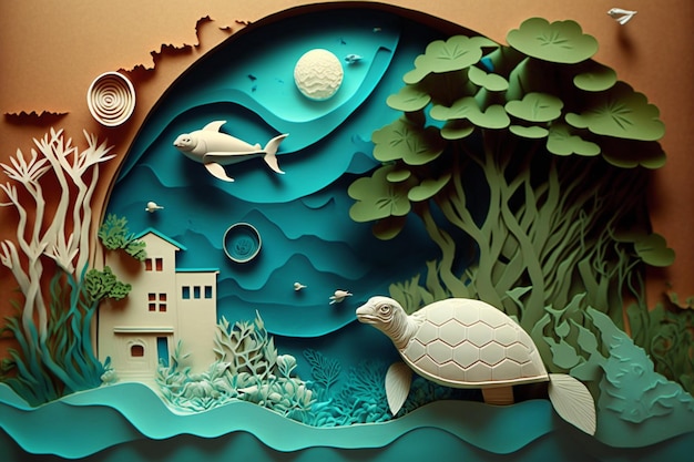 A paper cut out of a turtle and a house with a moon on it.