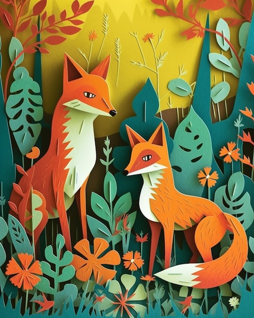 A paper cut out of two foxes in a forest with leaves and flowers.