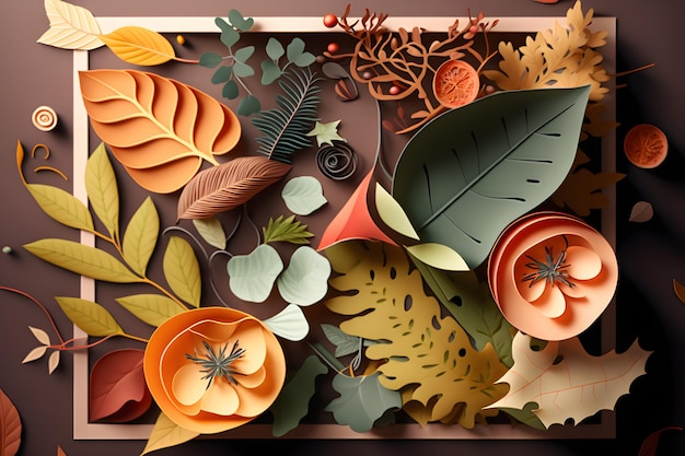 A paper cut out of a variety of leaves and fruits