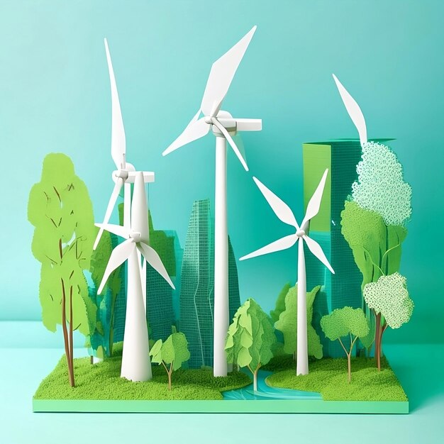 A paper cut out of wind turbines with a city in the background