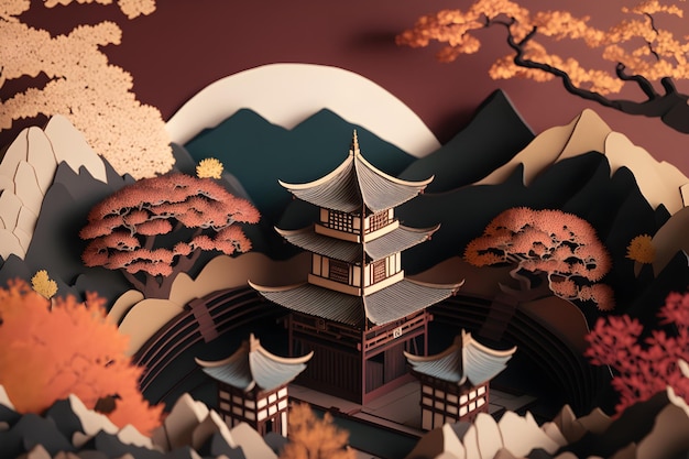 A paper cut of a pagoda with a mountain in the background.