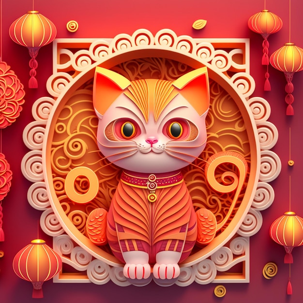 Paper cut quilling multidimensional chinese style cute zodiac\
cat with lanterns blossom peach flower in background chinese new\
year lunar new year 2023 concept