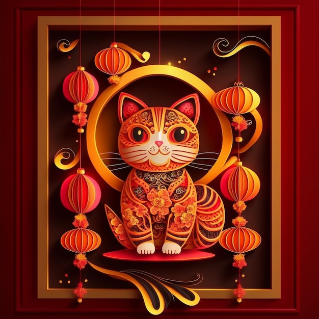 Paper cut quilling multidimensional chinese style cute zodiac\
cat with lanterns blossom peach flower in background chinese new\
year lunar new year 2023 concept