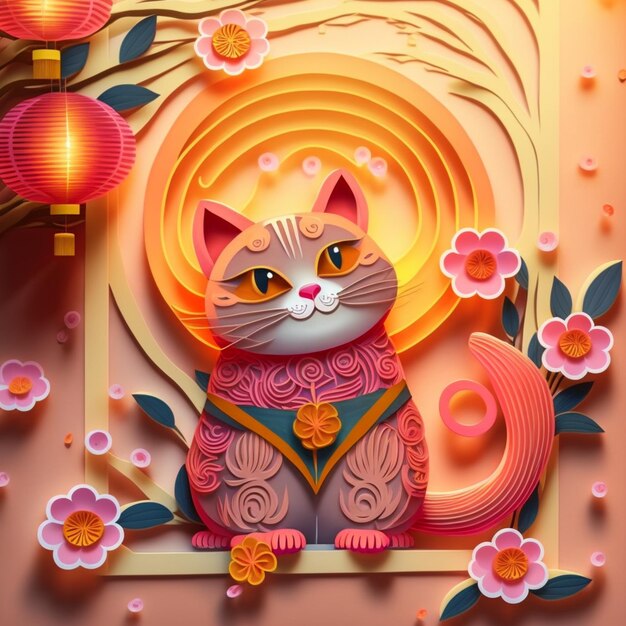 Paper cut quilling multidimensional chinese style cute zodiac\
cat with lanterns blossom peach flower in background chinese new\
year lunar new year 2023 concept