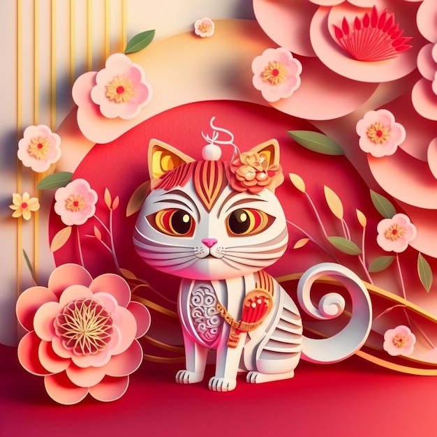 Paper cut quilling multidimensional chinese style cute zodiac\
cat with lanterns blossom peach flower in background chinese new\
year lunar new year 2023 concept