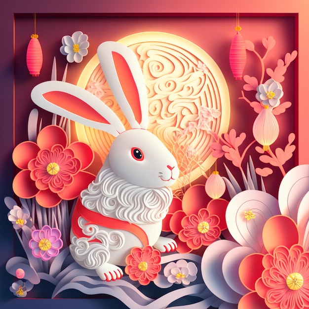 Paper cut quilling multidimensional chinese style cute zodiac rabbit with lanterns blossom peach flower in background chinese new year lunar new year 2023 concept