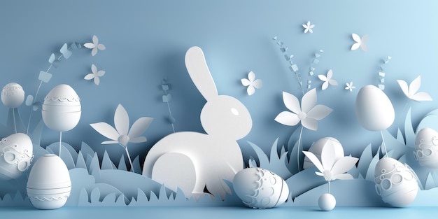 Paper cut rabbit with eggs and flowers on backdrop aige