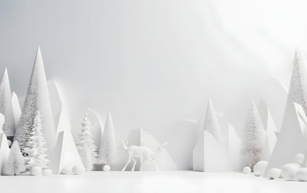 A paper cut scene of a deer and snowy trees.