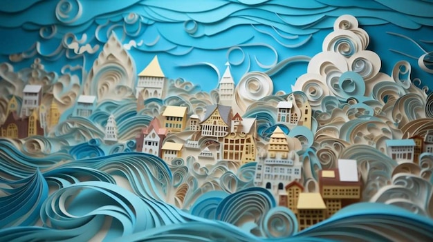 A paper cut sculpture of a city with a wave and the words'city of bern'on it