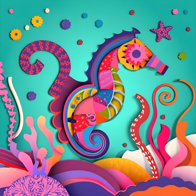 Бумажный морской конь и морские водоросли на фоне Векторная иллюстрация