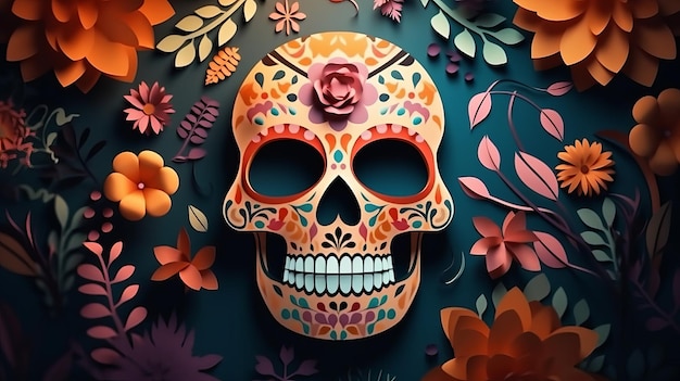 写真 死んだ背景のメキシコの日に紙カット スカルと花