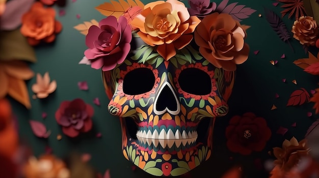 Paper Cut Skull and Flower on a Mexican Day of the Dead Background