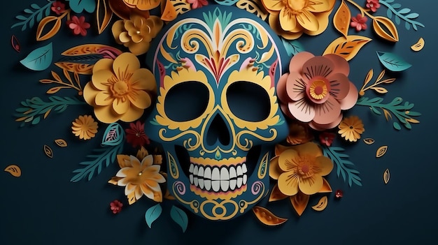 Paper Cut Skull and Flower on a Mexican Day of the Dead Background