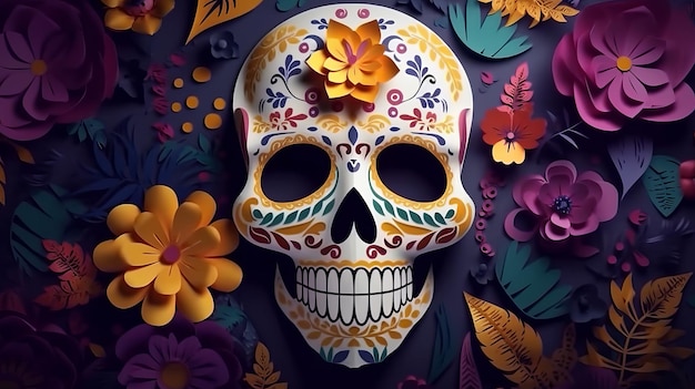 Paper Cut Skull and Flower on a Mexican Day of the Dead Background